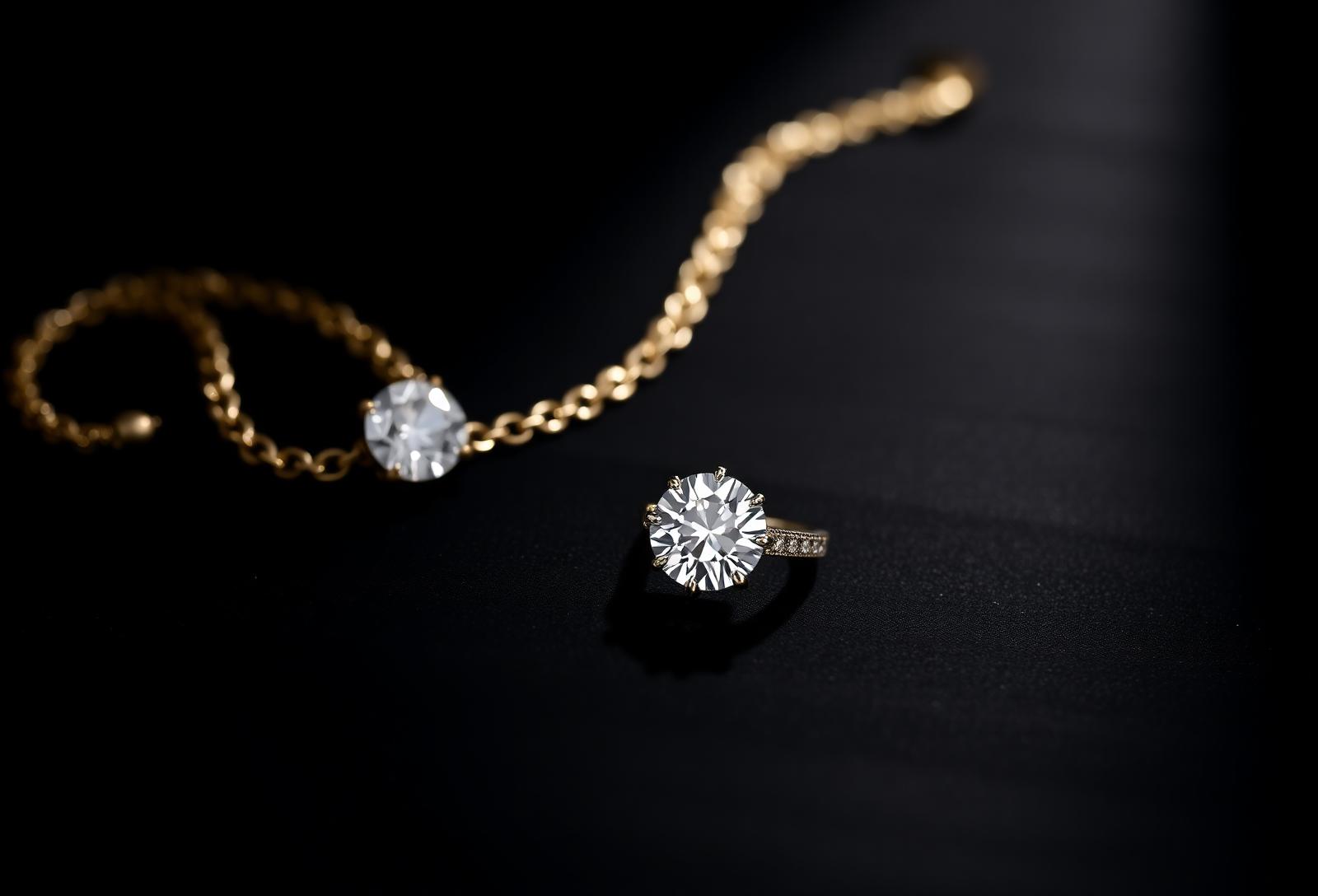 Diamond ring and gold pendant on velvet